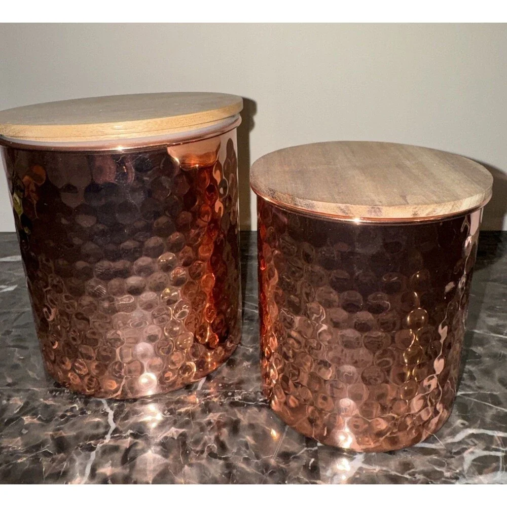 Uncommon James Copper Canister Set Of 2 Hammered with Wood Lids 45 Oz & 25 Oz